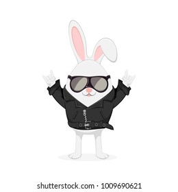 Easter rabbit with rock and roll hand sign in leather jacket with black sunglasses isolated on white background, illustration.