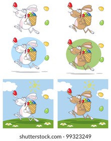 Easter Rabbit Running With A Basket And Egg. Vector Collection