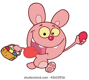 Easter rabbit running and holding up an egg and carrying a basket