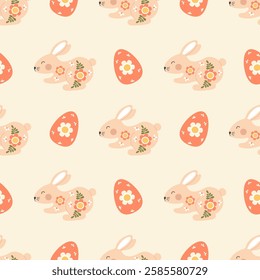 Easter rabbit Seamless pattern. Cute decorative bunny with paschal Egg on beige light background. Holiday Vector illustration in flat style 