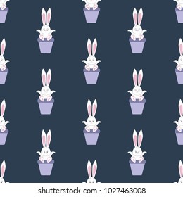 Easter rabbit seamless pattern on the blue background. Vector illustration