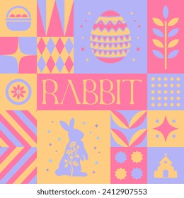 Easter Rabbit seamless pattern in scandinavian style postcard with Retro clean concept design