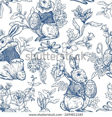 Easter rabbit seamless vector pattern with eggs flowers vintage toile style holiday design.