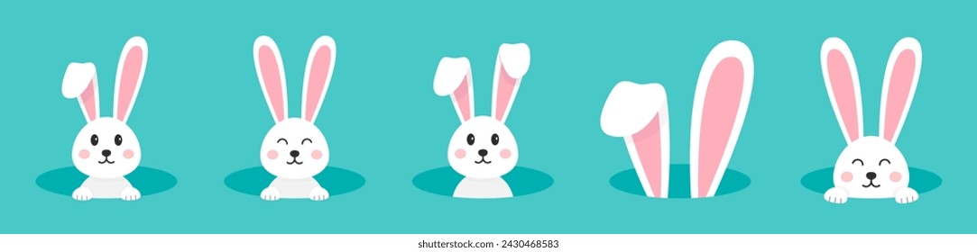 Easter rabbit set. Bunny ears collection. Ears and muzzle, paws. White easter bunny on turquoise background.