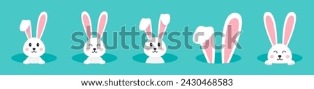Easter rabbit set. Bunny ears collection. Ears and muzzle, paws. White easter bunny on turquoise background.