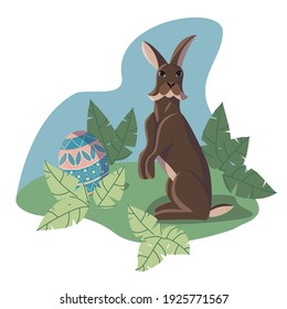 Easter rabbit sits with egg on the ground among the bushes against the background of the sky. The image can be used as an illustration for children's books, clothing, print, banner of Easter.