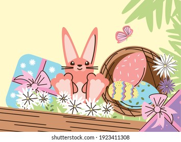 easter rabbit sitting with eggs flowers gift basket and flowers vector illustration cartoon