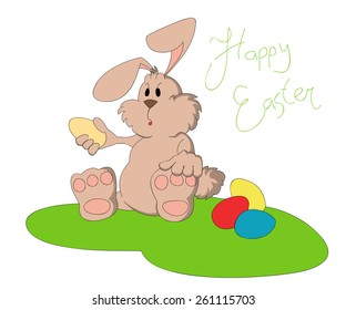 An Easter rabbit sitting and holding an eggs, cartoon character.