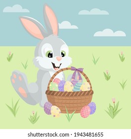 Easter rabbit sitting on the grass. A basket with decorated eggs. Nice illustration for greeting card, banner, ad
