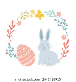 Easter rabbit with spring flowers, egg and flowers wreath. Cute bunny isolated on white background. Vector illustration