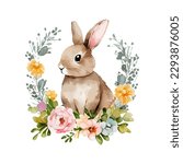 Easter rabbit with spring flowers and leaves wreath watercolor. Cute vintage bunny isolated on white background. Vector illustration