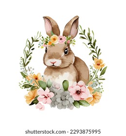 El conejo de Pascua con flores primaverales y hojas eran acuarela. Conejo vintage muy bonito, aislado de fondo blanco. Ilustración del vector