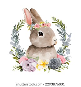 Easter rabbit with spring flowers and leaves wreath watercolor. Cute vintage bunny isolated on white background. Vector illustration