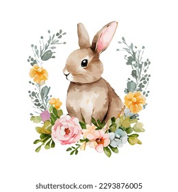 Easter rabbit and spring flowers   leaves wreath watercolor  Cute vintage bunny isolated white background  Vector illustration