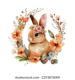 El conejo de Pascua con flores primaverales y hojas eran acuarela. Conejo vintage muy bonito, aislado de fondo blanco. Ilustración del vector