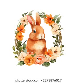 Easter rabbit with spring flowers and leaves wreath watercolor. Cute vintage bunny isolated on white background. Vector illustration