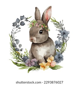 Easter rabbit with spring flowers and leaves wreath watercolor. Cute vintage bunny isolated on white background. Vector illustration