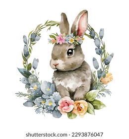 El conejo de Pascua con flores primaverales y hojas eran acuarela. Conejo vintage muy bonito, aislado de fondo blanco. Ilustración del vector