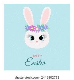 Easter rabbit with spring flowers and leaves. Cute vintage bunny isolated on blue background. Vector illustration, spring card with text "Happy Easter"