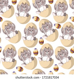 Easter rabbit, spring holiday character sitting in egg seamless pattern. Fluffy bunny with long ears by symbol of celebration. Cute hare among eggshell, small furry animal, vector in flat style