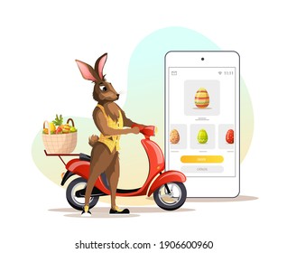 Easter rabbit standing near a scooter with easter basket and phone with decorated eggs on the screen. Easter delivery concept. Isolated vector illustration for poster, banner, commercial.