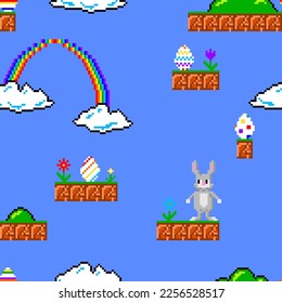 Conejo de Pascua al estilo de un juego de ocho bits.  Patrón sin fisuras de arte de píxeles. Textura para tela, envoltura, papel pintado. Impresión decorativa