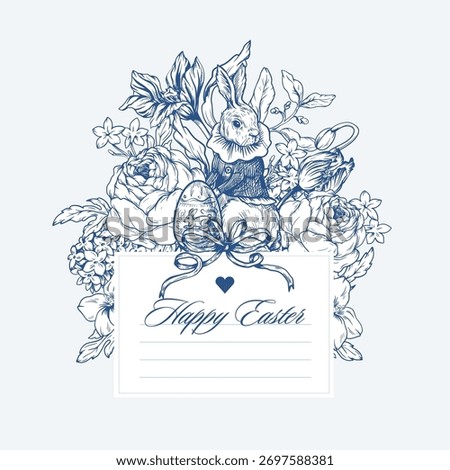 Easter rabbit vector card with egg flowers ribbon vintage illustration holiday greeting design.