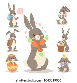 Easter rabbit vector holiday bunny rabbit and Easter eggs pose cute happy spring adorble rabbit animal illustration happy family celebration