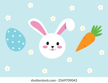 Easter rabbit vector illustration with egg and carrot. Easter set on blue background.