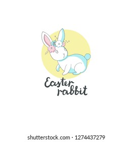 Easter Rabbit with a wreath of flowers. Vector illustration with lettering