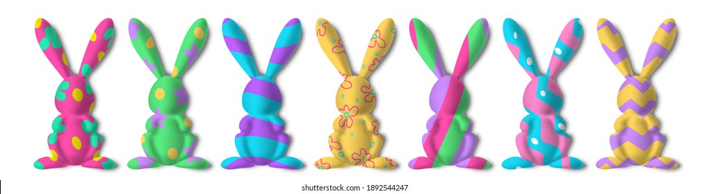 easter rabbits 3d figures colorful decorated set on white background for design