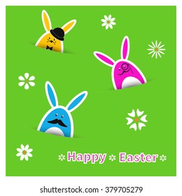 Easter rabbits background. Colorful holiday vector illustration. Happy Easter greeting card. 