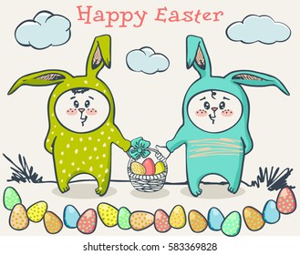 Easter rabbits are a basket of eggs. Easter Eggs, Children dressed as Easter bunnies. Vector set