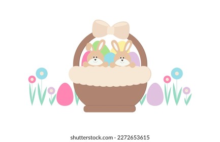 Easter rabbits in a basket. Painted eggs. Vector illustration.