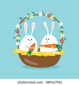 Easter rabbits, basket,carrot and flowers. Vector illustration.