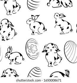 Easter rabbits, bunny , eggs animal vector seamless pattern on white background. Concept for print, textile, cards, wallpaper, wrapping paper 