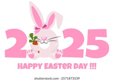 Easter rabbits with carrot and 2025. Easter bunny for your greeting card, stickers, invitations and many other designs. Greeting card template. Happy Easter day