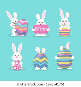 Easter rabbits. Easter cartoon bunny from front and back side on green background. Flat style vector illustration.