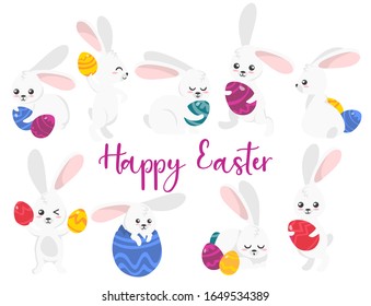 Easter rabbits character set with colourful eggs vector illustration. Collection of bunnies in various poses holding decorative symbols cartoon design. Holiday concept. Isolated on white background