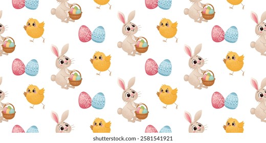 Easter Rabbits, Chicks, and Eggs Pattern. Seamless pattern with Easter rabbits, decorated eggs, yellow chicks on a white background. Holiday spring design for textile, wallpaper, and wrapping paper.