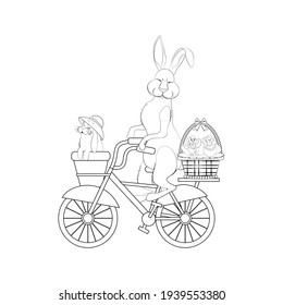 Osterkaninchen und Küken auf Fahrrad, Vektorgrafik umrissen auf weißem Hintergrund.