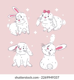 Easter rabbits collection. Vector illustration of cute cartoon multi colored bunnies.