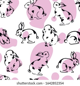 Easter rabbits, cute animals vector seamless pattern with pink stains on white background. Concept for print, textile, wallpaper, wrapping paper 