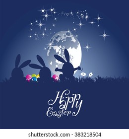 Easter rabbits dance moon egg blue background