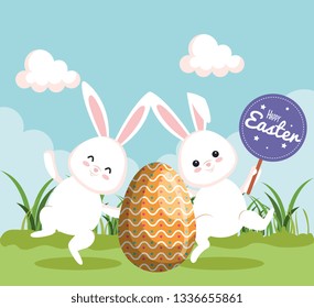 easter rabbits dancing with egg and notice