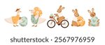 Easter rabbits, decorated eggs, and festive spring flowers. Christian celebrations. Cute and joyful spring set with Easter bunnies and geese. Flat vector illustration.