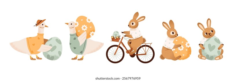 Easter rabbits, decorated eggs, and festive spring flowers. Christian celebrations. Cute and joyful spring set with Easter bunnies and geese. Flat vector illustration.