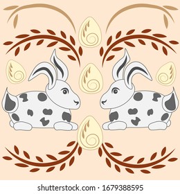 Conejos de Pascua con tarjeta decorativa de saludo de huevos. 