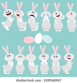 Easter rabbits with different emotions. Isolated vector objects.