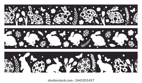 Easter rabbits dividers. Cute bunny seamless frame borders with Easter eggs and flowers, little bunny borders flat vector illustration set. Easter holiday borders